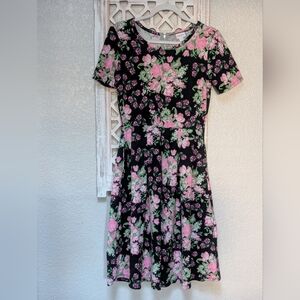 RARE Lularoe Amelia dress sz large black pink roses floral pockets garden party
